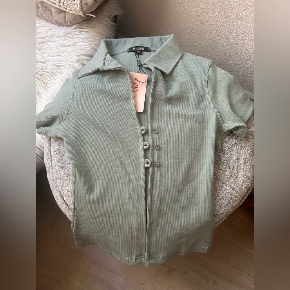 Light blue green middle Button-Up Women's Top - Picture 3 of 3